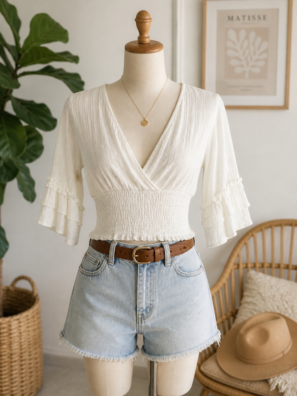 Alter’d State Cream Smocked Crop Top Boho Ruffle Sleeve Cottagecore Blouse S